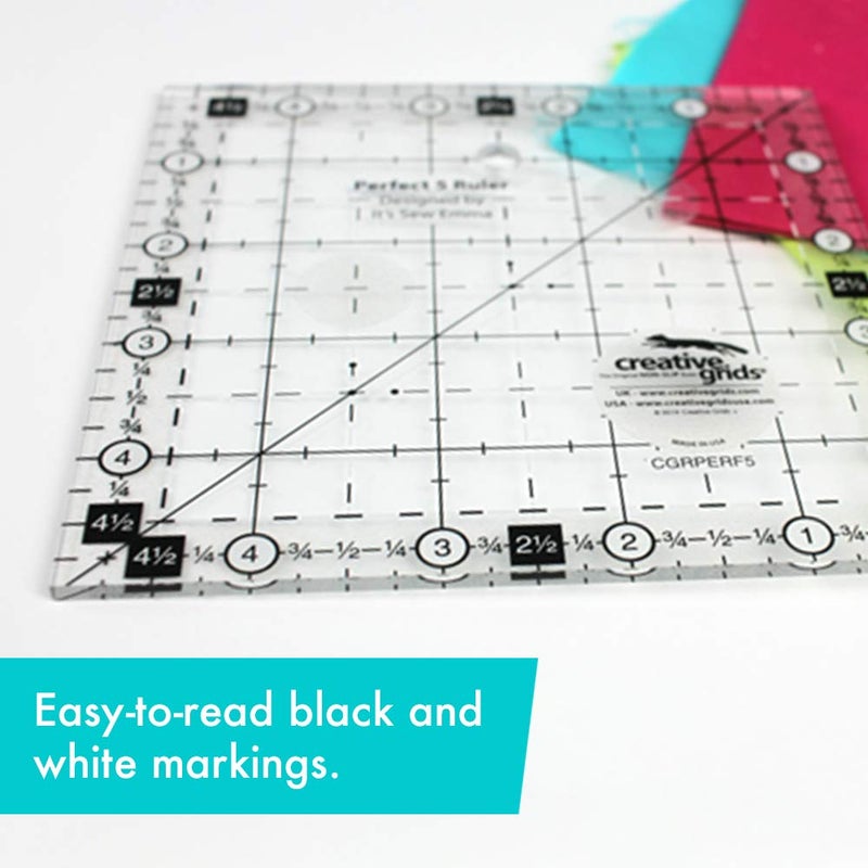 Creative Grids Perfect 5 Quilting Ruler 5in x 5in Square â€“ CGRPERF5 â€“ Made in USA, 5in x 5in, Non-Slip Grip Acrylic Quilting, Sewing, Crafting, Patchwork Ruler for Measuring & Cutting Fabric - Image 3